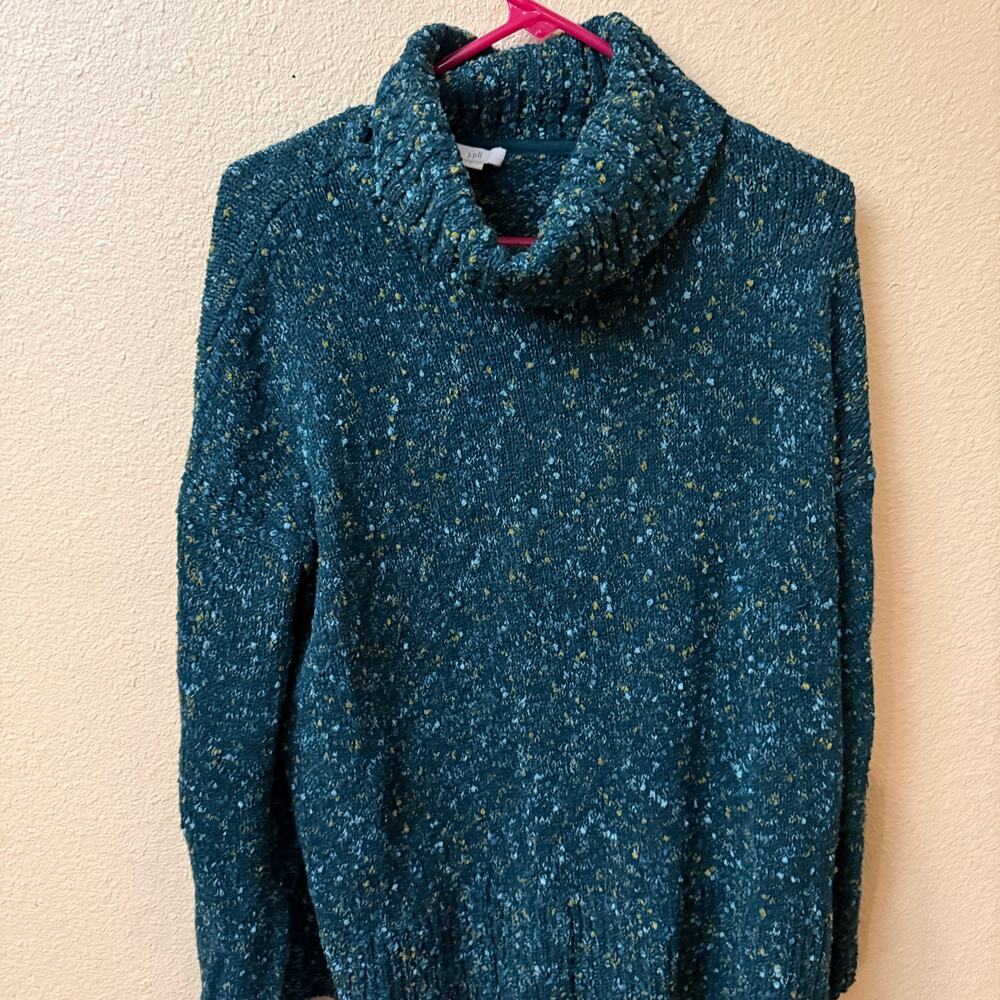 J. Jill Teal Tweed Confetti Speckled Cowl Neck Sweater L Cabincore Cozy granola